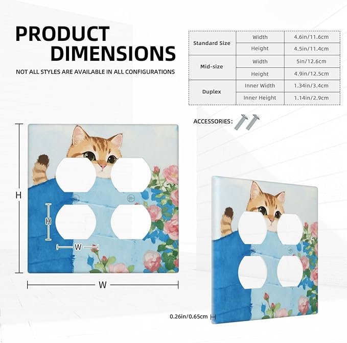 Cat Flower Double Duplex Receptacle Outlet Cover Wall Plate Decorative 2 Gang Light Switch Covers Electrical Switchplate Home Decorate Faceplat for Bathroom Bedroom Kitchen Room 4.5 x 4.5 Inch
