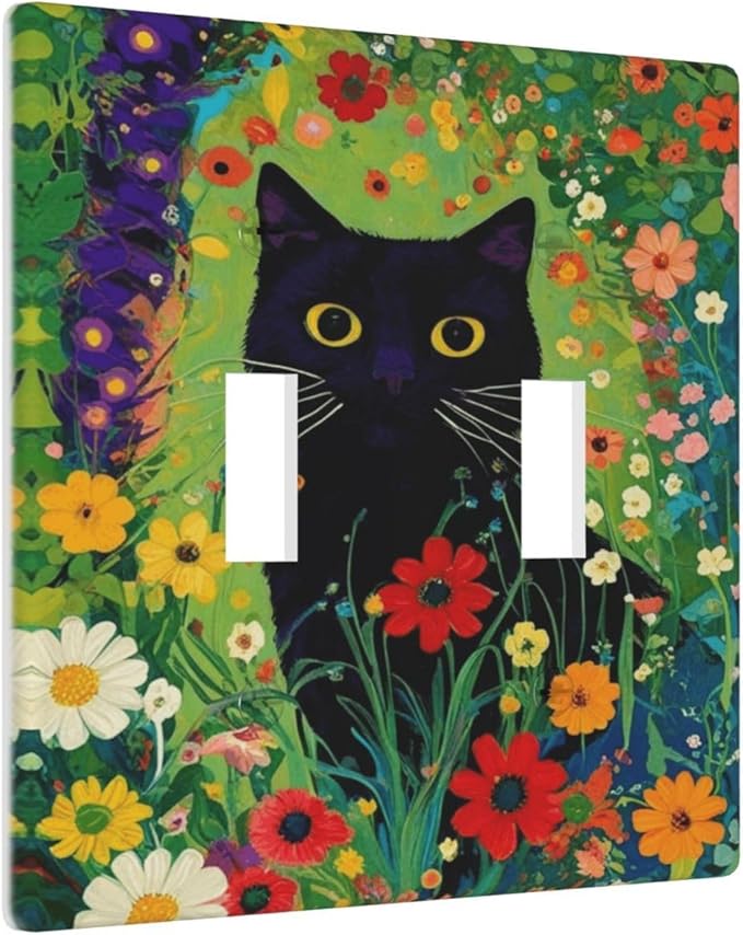 Decorative Art Light Switch Covers Cute Cat & Floral 2 Gang Double Toggle Wall Plate Decorative Switchcover Electrical Switchplate for Home Decor