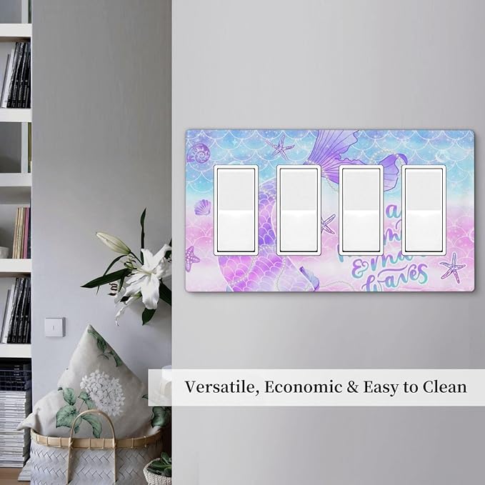Purple Mermaid Tail Scales 4 Gang Quad Rocker/GFCI/Decorator Light Switch Cover Plate Decorative Electric Faceplate Decorative Switchplate Screwless