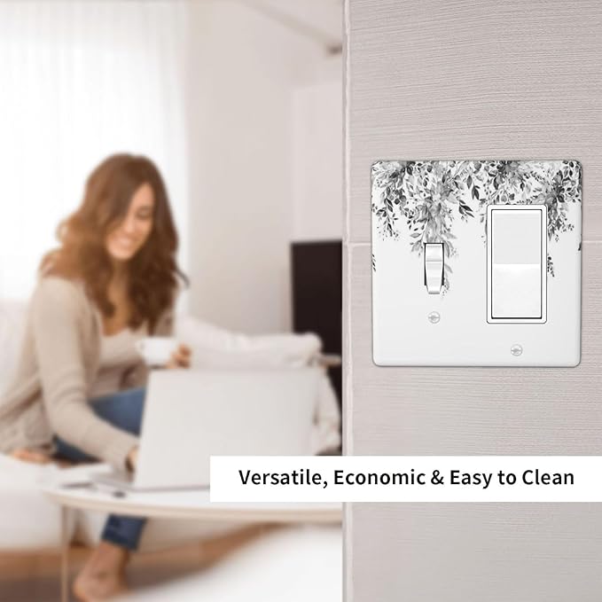 Outlet Covers Grey Floral Plant Eucalyptus Leaf Flower 1 Toggle 1 Rocker Combination Decorative Wall Plate Electrical Switch Plates Light Switch Cover Plate For Bed Room Living Room Decor