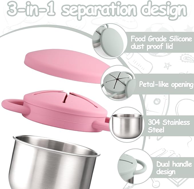 Mity rain Stainless Steel Snack Containers for Toddlers with Spill-Proof Silicone Lids Handles - 3-in-1 Baby Snack Cups, No-Spill Toddler Snack Box (Light Green+Pink, Two piece set)