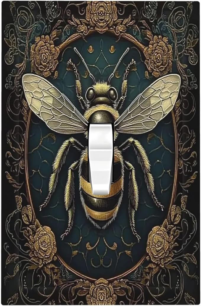 Decorative Light Switch Cover Mid Century Bee Dark Floral 1 Gang Single Toggle Device Electrical Faceplate Switchplates Decorator Outlet Wall Plate For Home Office Decor