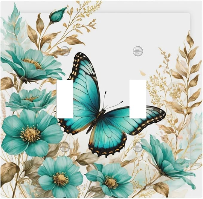 Decorative Light Switch Cover Plate Butterfly on Blue Daisy Flower Floral Golden Leaf 2 Gang Wall Plate Oversized Double Toggle Two Switch Wall Cover Plate Dual Device Face Plate