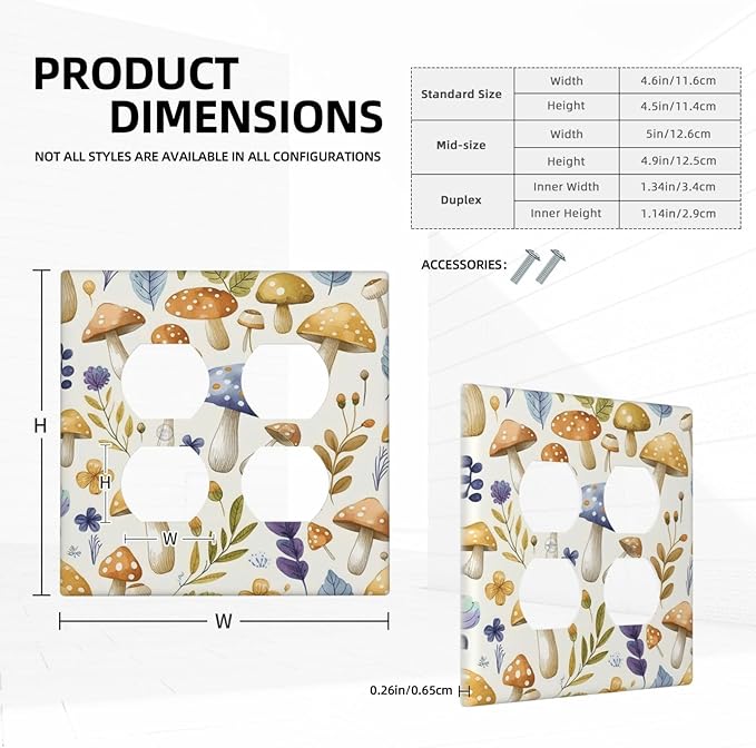 Boho Watercolor Mushroom Flowers Leaf Colorful Floral Outlet Covers 2 Gang Double Duplex Decorative Light Switch Covers Electrical Wallplates Socket Faceplate for Kids Room Nursery Decor
