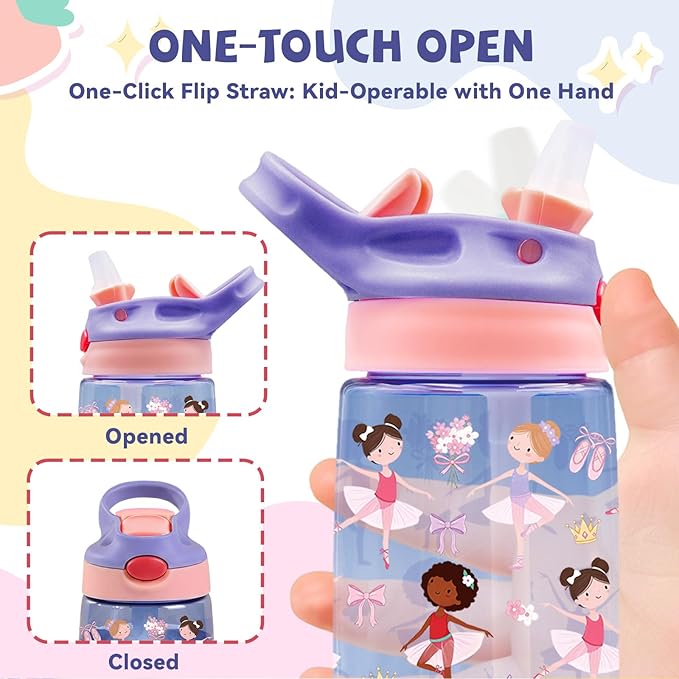 14oz Ballet Kids Water Bottle with Straw Lid - Ballerina Water Bottles for Kids, Leakproof, Lightweight, Durable Plastic Bottles for School, Pink Ballet Gift Cup for Girls Birthday Gifts