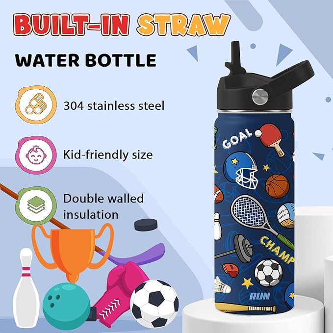 Sports Gifts for Men & Women - 18oz Water Bottle with Straw Lid, Stainless Steel Insulated Tumbler, Leakproof, BPA-Free, for Her, School, Travel - Sport Lovers Birthday Gift Cup (1pc)