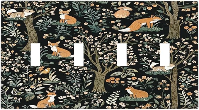 Light Switch Covers Fairy Forest Animals Fox Squirrel Flower Quad Toggle Electrical Faceplate 4 Gang Wall Plate Decorative Switch Plates For Bed Room Farmhouse Decor