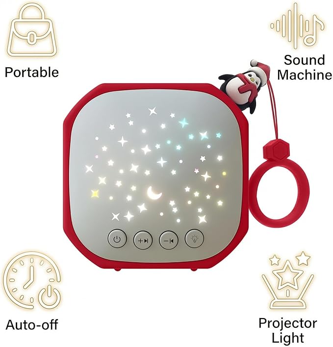 Portable Sound Machine for Baby Sleep Aid Relaxation | White Noise Machine with Star Projector | Calm Soother Music Sound with Hook for Nursery, Travel, Bedroom,Christmas Holidays Gifts (Penguin)