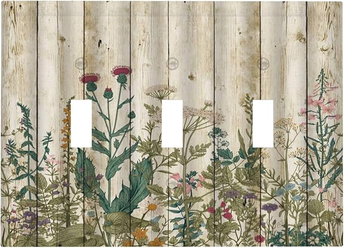 Vintage Wild Flowers Botanical Green Leaves Plants 3 Gang Light Switch Covers Decorative Rustic Wood Plank Triple Toggle Wall Plate Electrical Faceplate Switchplate for Farmhouse Bedroom Decor