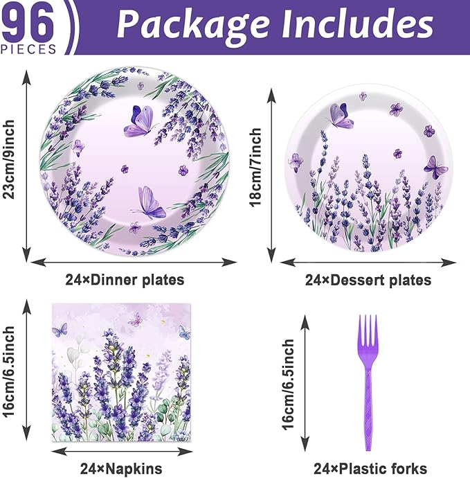 96 Pcs Spring Purple Party Supplies Lavender Paper Plates Napkins Watercolor Floral Cake Dessert Tableware Set Flower Butterfly Dinnerware for Summer Birthday Party Shower Decoration Serve 24