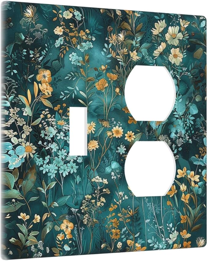 Wallplates Green Leaf Floral Boho Golden Flower Plant 1 Toggle 1 Duplex Switch Plate Electrical Gfci Faceplate Decorative Light Switch Covers For Bed Room Cabin Decor