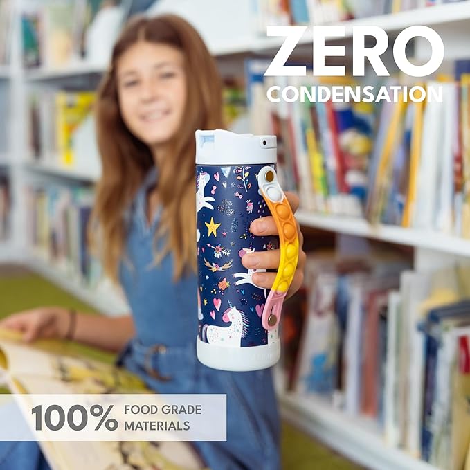 Elemental Iconic Kids Water Bottle for School - 100% Leak-Proof Insulated Water Bottles with Straw Lid & Pop-It Handle for Boys & Girls - Triple-Wall Insulated & BPA-Free, 14oz – Unicorn