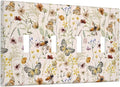 Vintage Butterflies Quad Toggle Wall Plates Decorative Colorful Wildflower 4 Gang Light Switch Cover Cute Bees Electrical Switchplate Faceplate Beige Flower Leaves Dimmer Decor for Bedroom Kidroom