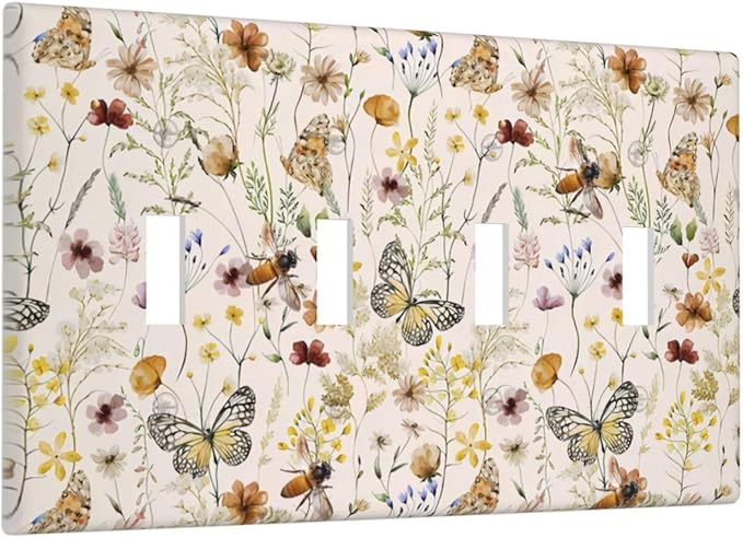 Vintage Butterflies Quad Toggle Wall Plates Decorative Colorful Wildflower 4 Gang Light Switch Cover Cute Bees Electrical Switchplate Faceplate Beige Flower Leaves Dimmer Decor for Bedroom Kidroom