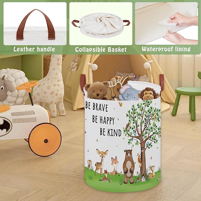 Woodland Baby Laundry Hamper,Bear Baby Boy Nursery Decor with Inspirational Quotes,Animal Toddler Laundry Hamper,Tree Storage Bin Fox Owl Towel Bin Clothes Book Toy Organizer Box(Green）