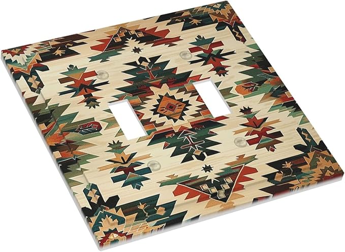 Decorative Switch Plates Southwest Rustic American Indian Aztec Boho 2 Gang Double Toggle Outlet Light Switch Cover Wall Plate Electrical Faceplate for Bed Room living Room Decor