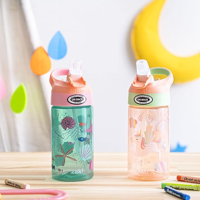 Zak Designs 16oz Riverside Kids Water Bottle with Spout Cover and Built-in Carrying Loop, Made of Durable Plastic, Leak-Proof Water Bottle Design for Travel (Unicorn & Shells, Pack of 2)