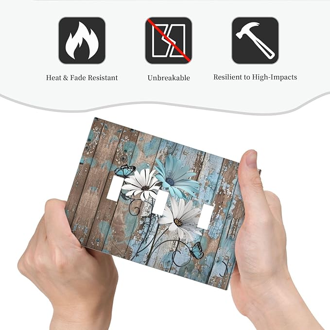 Decorative Switch Plates Rustic Flower Teal Turquoise Daisy Butterfly 3 Gang Wall Plate Triple Toggle Light Switch Cover Faceplate Electrical Wall Panels For Farmhouse Cabin Decor