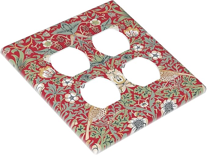 Decorative Outlet Covers William Morris Strawberry Thief Botanical Red Green 2 Gang Double Duplex Light Switch Cover Wall Plates Electrical Socket Cover Art Faceplate for Bathroom Bedroom Decor