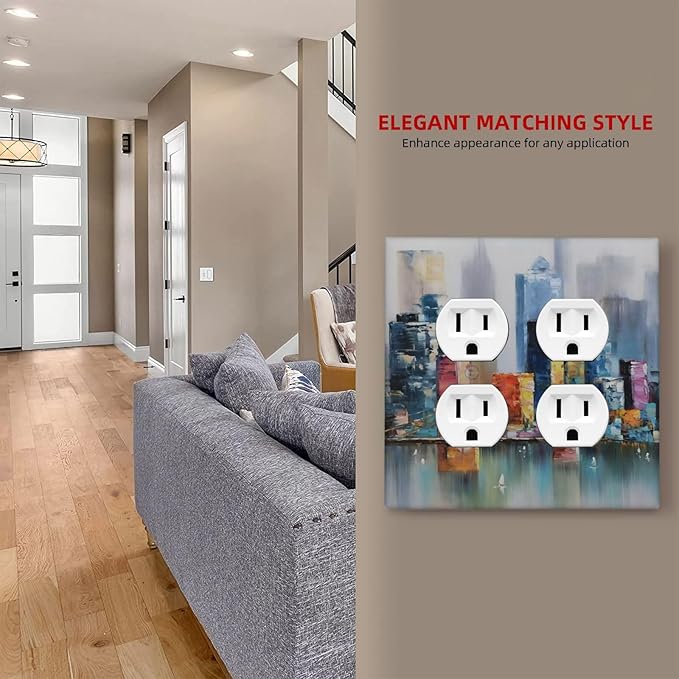 Colorful Nyc Skyline Textured Modern Abstract Outlet Covers 2 Gang Double Duplex Decorative Light Switch Covers Electrical Wallplates Socket Faceplate for Bedroom Living Room Decor