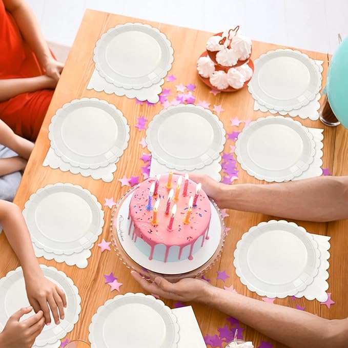 CHUNNIN 50Pcs Cream Scalloped Party Paper Plates and Napkins Scalloped Dessert Plates Birthday Party Decorations Shell Edge Disposable Tableware Set Serves 25 Guest Baby Shower Wedding Supplies