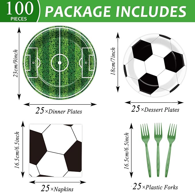 Qyeahkj 100 Pcs Soccer Party Plates and Napkins Set, Sports Birthday Party Supplies, Soccer Ball Disposable Paper Dessert Cake Dinnerware Tableware, Serves 25