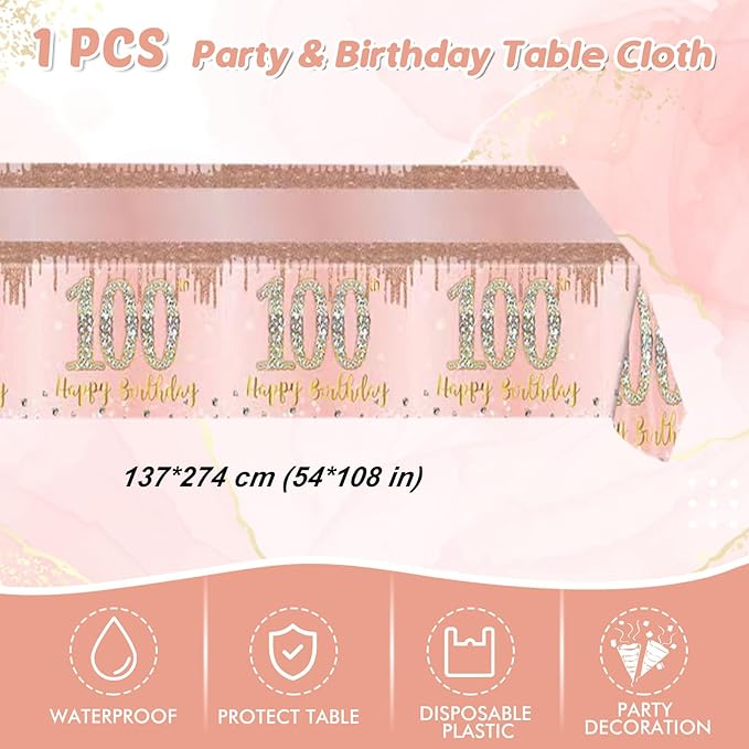 41Pcs 100th Birthday Decorations, Rose Gold Birthday Party Supplies Include 20Pcs Plates 20Pcs Napkins and 1Piece Tablecloth, Sweet One Hundred Year Old Birth Party Tableware for Girl Ladies Women