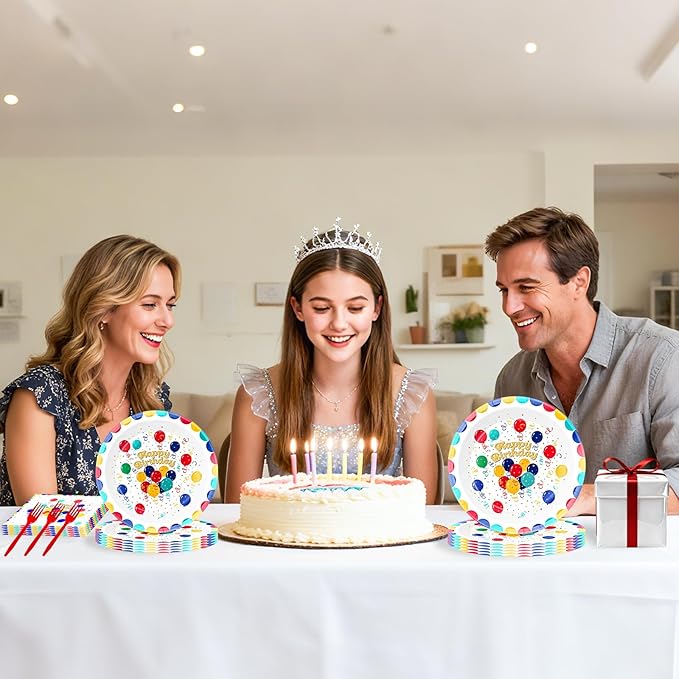 Birthday Party Supplies for 24 Guests – 96-Piece Disposable Party Tableware Set with Plates, Birthday Plates and Napkins, Forks, Colorful Balloons Party Supplies, Heavy Duty for Kids & Adults