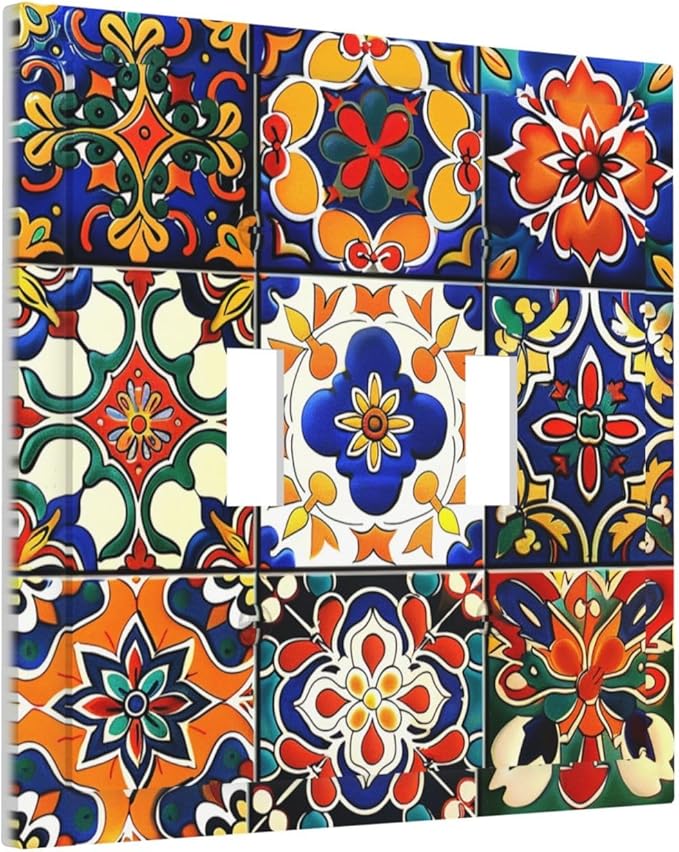Decorative Switch Plates Colorful Mexican Talavera Vintage Boho Floral 2 Gang Double Toggle Outlet Light Switch Cover Wall Plate Electrical Faceplate For Farmhouse Cabin Decor