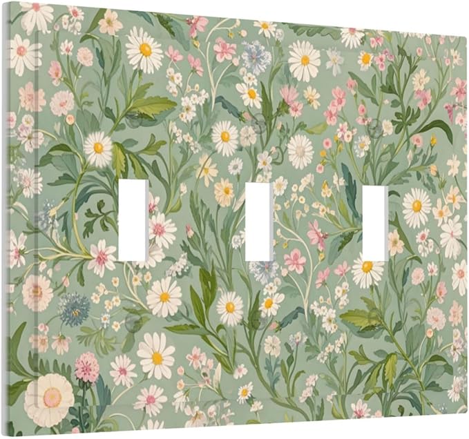 Decorative Switch Plate Cover with Vintage Wildflowers & Daisies on Light Green Background Design 3 Gang Artistic Wall Plate Unique Triple Toggle Light Switch Covers