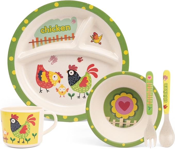 Kids Dinnerware Set, 5-Piece Mealtime Tableware for Children & Toddlers – Includes Divided Plate, Bowl, Cup, Fork & Spoon – Natural Bamboo Fiber, BPA-Free, Dishwasher Safe (Chicken Family)