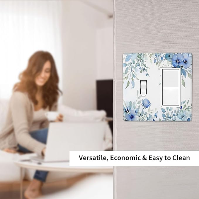 Watercolor Blue Flower Plant Floral Green Leaves Outlet Covers 1 Toggle 1 Rocker Combination Decorative Wall Plate Electrical Switch Plates Light Switch Cover Plate for Bedroom Living Room Decor