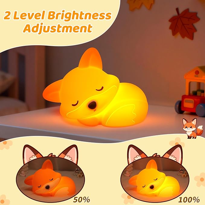 Attivolife Fox Night Light, Squishy Fox Animal Silicone Lamp Gifts for Kids, Rechargeable Nursery Bedside Touch Nightlight wtih Dimmable Timer, Novelty Birthday Xmas Presents for Toddler Baby Girl