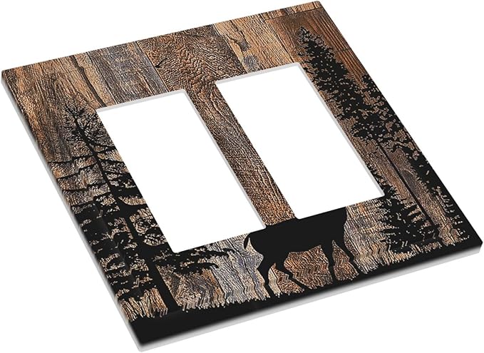 Decorative Outlet Covers Rustic Forest Antler Elk Deer Silhouettes Animals Wood Grain 2 Gang Double GFCI Rocker Electrical Wall Panels Light Switch Cover Plate for Farmhouse Home Decor