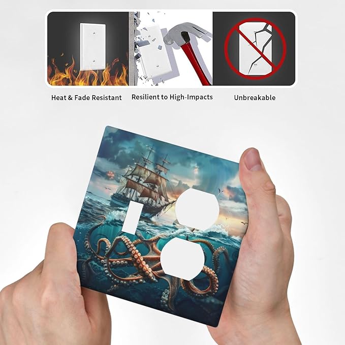 Light Switch Cover Plate Sailboat Ship Octopus Ocean Sea Waves 2 Gang Decorative Switch Plates 1 Toggle Duplex Combo Outlet Covers GFCI Wall Plates for Bathroom Bedroom Decor