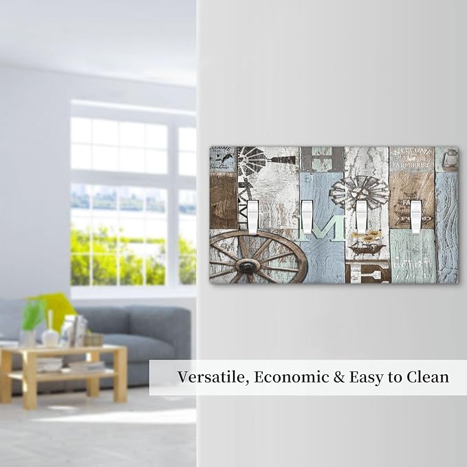 Rustic Western Barn Door Vintage Windmill Light Switch Covers Quad Toggle Electrical Faceplate 4 Gang Wall Plate Decorative Switch Plates Cover for Farmhouse Home Decor