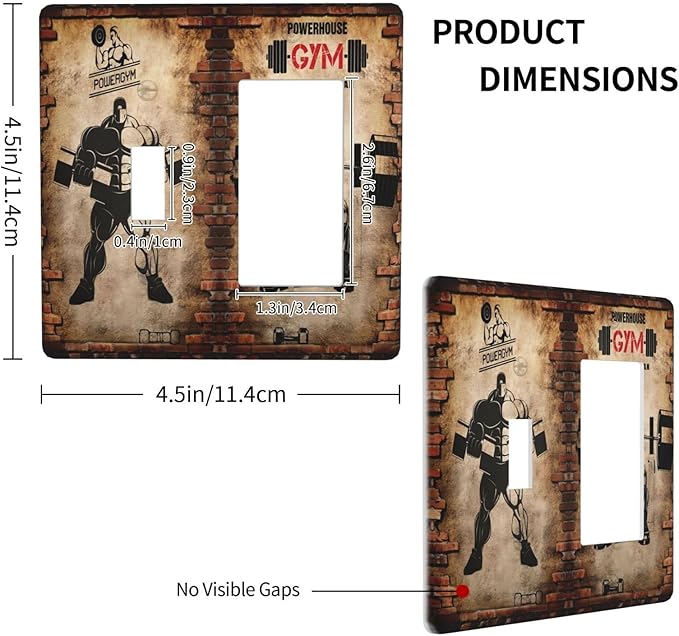 Vintage Gym Retro Brick Dumbbell Muscular Man2 Gang Toggle Rocker Light Switch Cover Decorative Combin Wall Plates Art Panel Brick Dumbbell Dimmer for Bedroom Boyroom Gyms Decor