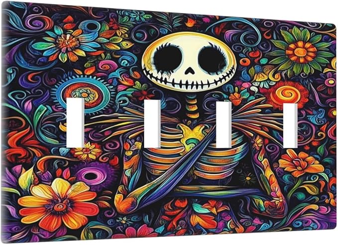 Light Switch Covers Colorful Flowers Abstract Skull Quad Toggle Electrical Faceplate 4 Gang Wall Plate Decorative Switch Plates For Home Living Room Decor