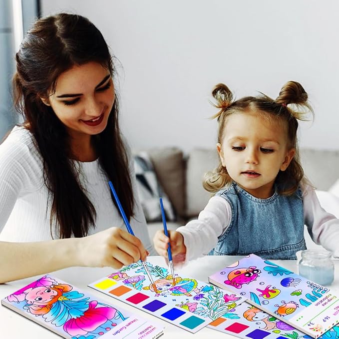 JUNQIU Paint with Water Books for Kids Ages 4-8, Watercolor Painting Coloring Books for Toddlers, Magic Paint Set for Kids, Art Craft Set for Drawing with Brush(2 Pack)