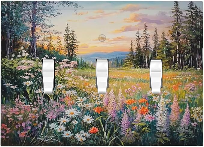 Decorative Switch Plates Floral Landscape Rustic Nature Wildflower 3 Gang Wall Plate Triple Toggle Light Switch Cover Faceplate Electrical Wall Panels For Bed Room Living Room Decor