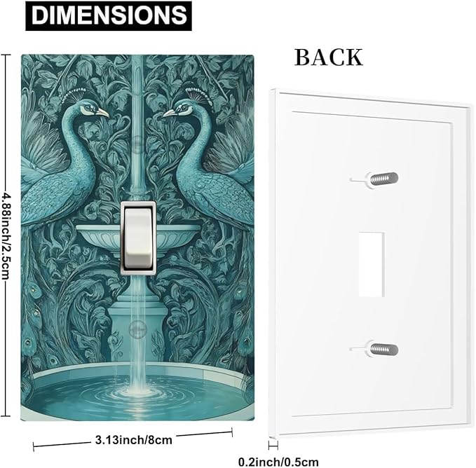Art Nouveau Peacocks & Fountain Teal 1-Gang Toggle Light Switch Plate, Peacock Garden Decorative Wall Plate for Living Room Decor