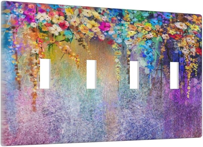 Colorful Floral Watercolor Flower Quad Toggle Light Switch Cover Decorative Purple Garden 4 Gang Wall Plate Electrical Faceplate Switchplate for Farmhouse Bathroom Bedroom Living Room Decor