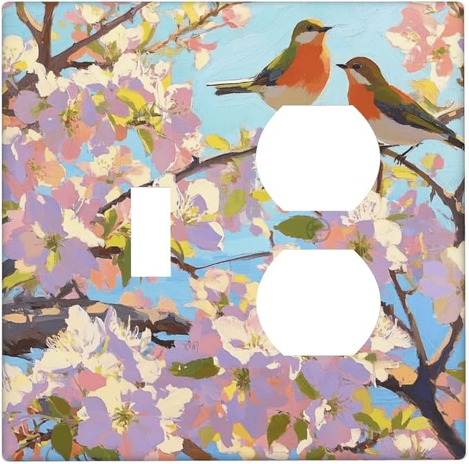 Bird Flower Single Toggle Duplex Combo Outlet Wall Plate Decorative 2 Gang Light Switch Covers Electrical Switchplate Home Decorate Faceplat for Bathroom Bedroom Kitchen Room 4.5 x 4.5 Inch