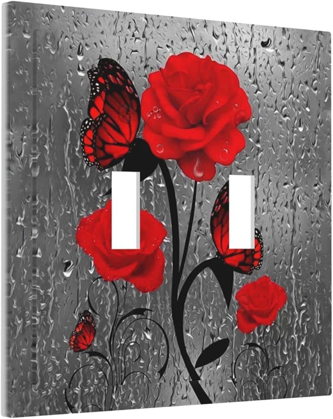 Butterfly Red Rose Flower 2 Gang Double Toggle Light Switch Cover Decorative Valentine's Day Wall Plate Faceplate Girls Water Red Rose Floral Bathroom Home Living Room Decor 5" x 4.9 Standard size