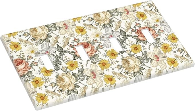 Multicolor Peony Daisy Vintage Floral Flower Light Switch Covers Quad Toggle Electrical Faceplate 4 Gang Wall Plate Decorative Switch Plates for Bedroom Living Room Decor
