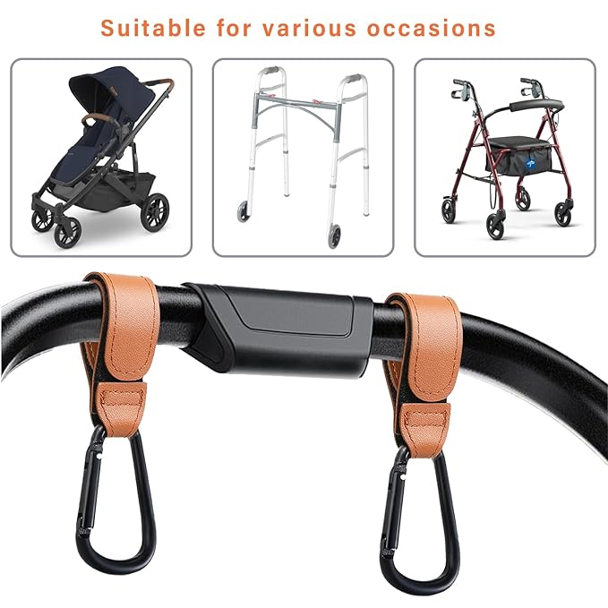4 Pcs Leather Stroller Hook, Mommy Stroller Clip, Stroller Accessories Organizer Hook, Metal Hook for Strollers/Walkers/Mobility Scooter/Wheelchair/Rollator(Pink)