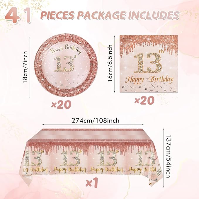 41Pcs 13th Birthday Party Decorations for Girls, Rose Gold Party Supplies Include 20 Plates 20 Napkins and 1 Pcs Tablecloth, Sweet Thirteen Year Old Birthday Party Tableware for Girls Kids Children