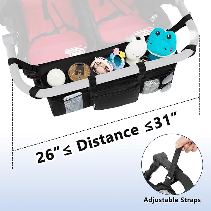 Double Stroller Organizer Universal with 2 Insulated Cup Holders & Cooler Bag, Large Storage Parent Console for Bob Duallie, Baby Jogger City Mini GT2