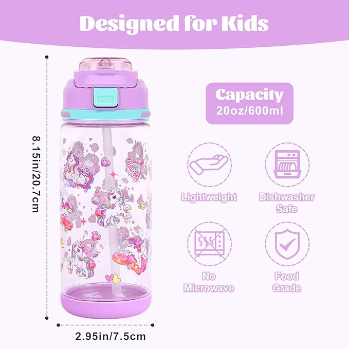 decalsweet Kids Water Bottle 20oz Durable Leak-Proof Plastic Water Cup for Kids Toddlers,With Straw Handle and Pop-Up Spout Cover,Safe for School Sports Daycare Travel & Camp