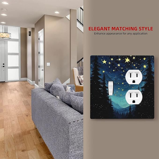 Wallplates Blue Starry Sky Forest Painted Star Pine Tree Oil Painting 1 Toggle 1 Duplex Switch Plate Electrical GFCI Faceplate Decorative Light Switch Covers for Bedroom Cabin Decor